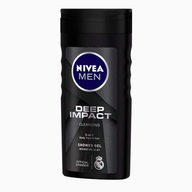 NIVEA Men Body Wash, Deep Impact Deodorant, 3 In 1 Shower Gel For Body, Face & Hair, With Microfine Clay, 250ml (Pack of 2)
